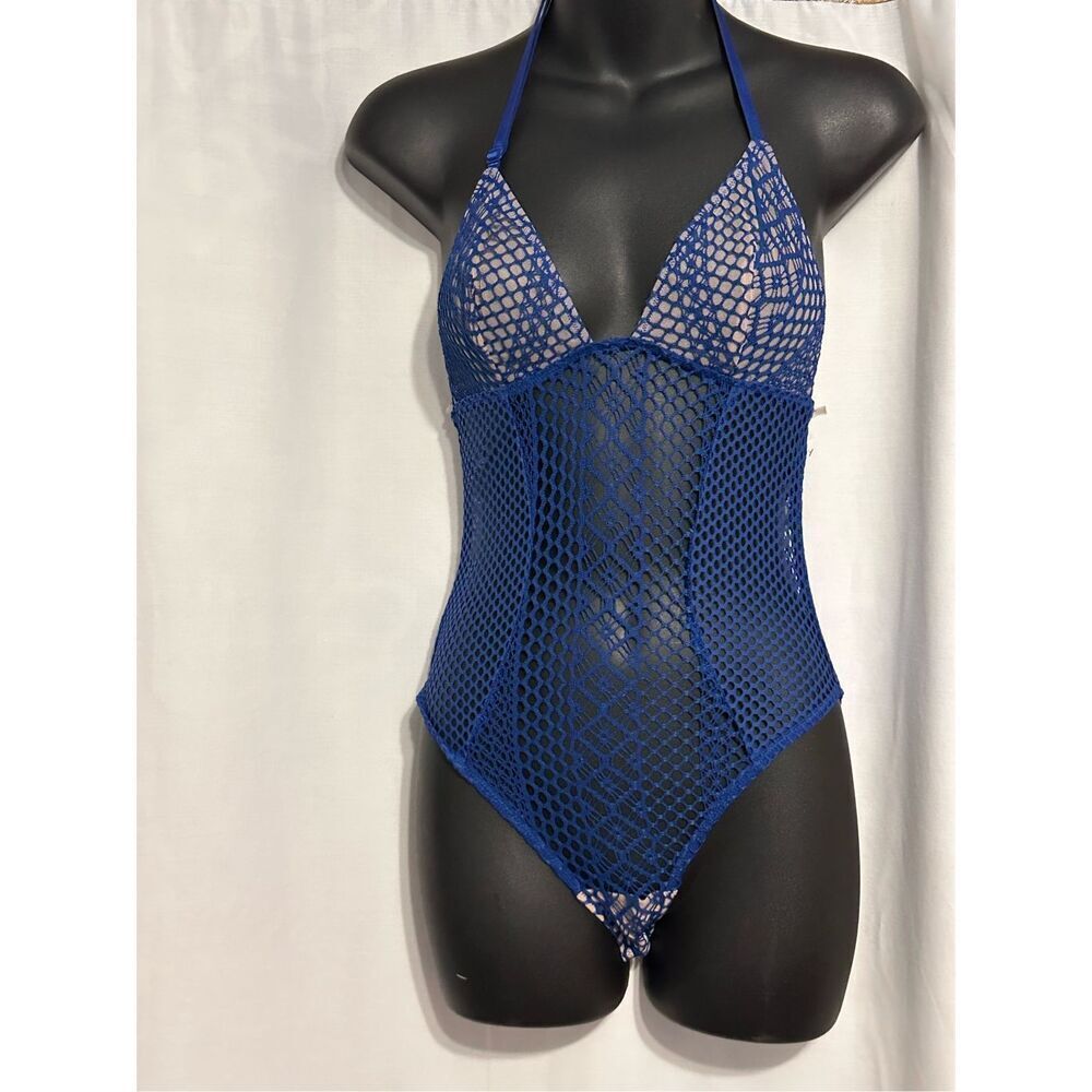 Nice  Victorias Secret Sheer Fishnet Halter Teddy Babydoll Bodysuit Small Blue G